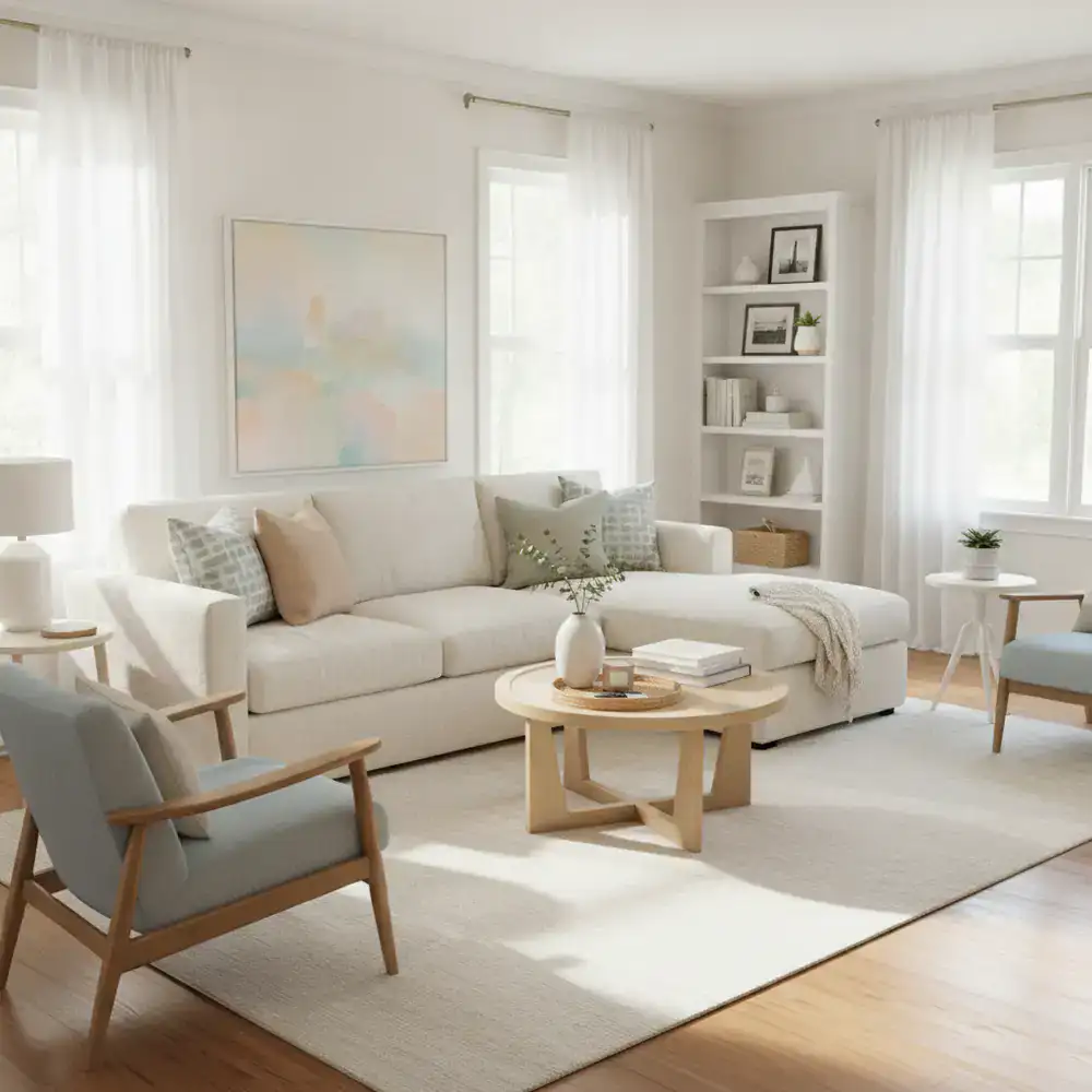 A neatly organized and freshly cleaned living room with bright natural light