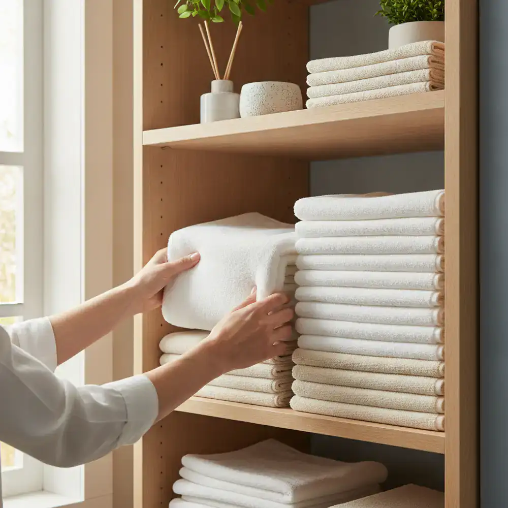 Hands arranging freshly folded linens in a tidy home cabinet