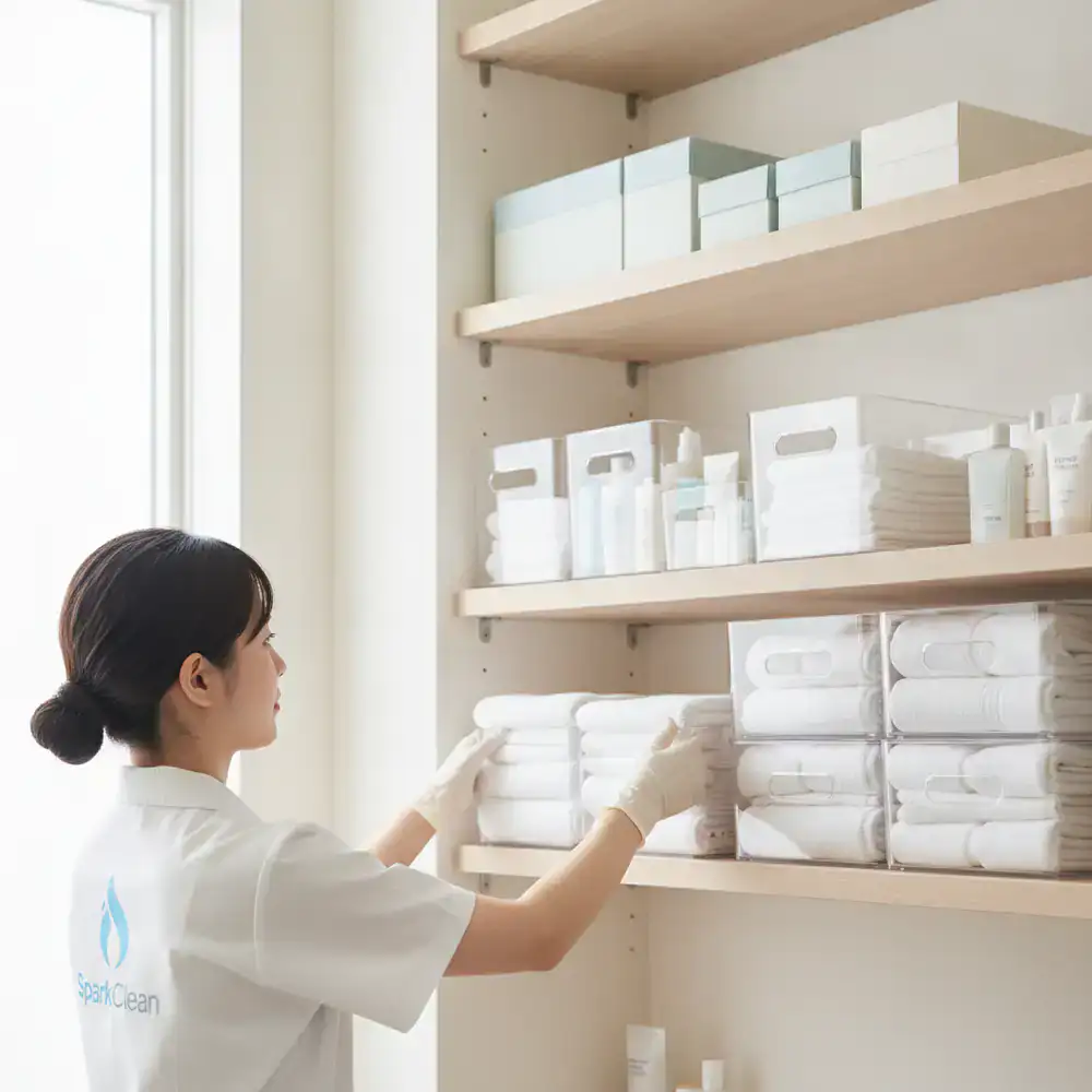 SparkClean professional organizing a shelf using structured methodology