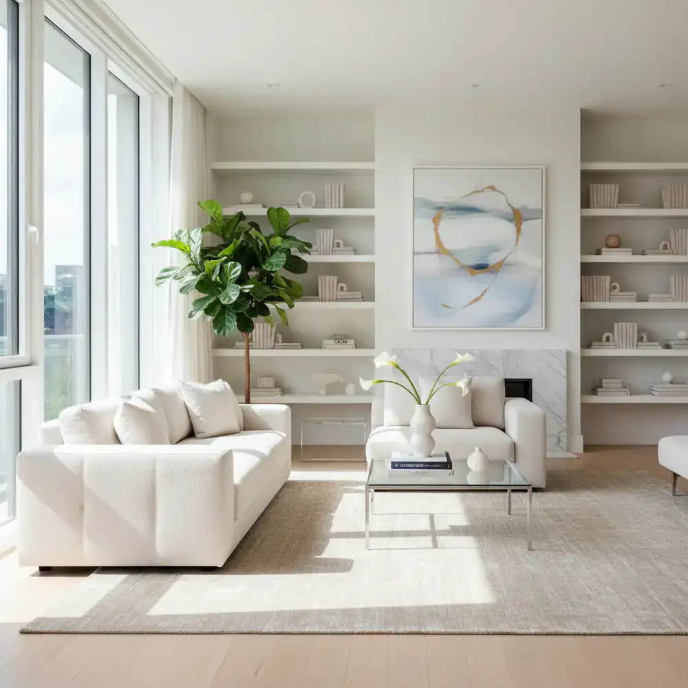 A brightly lit, meticulously organized modern living room showcasing professional cleaning results