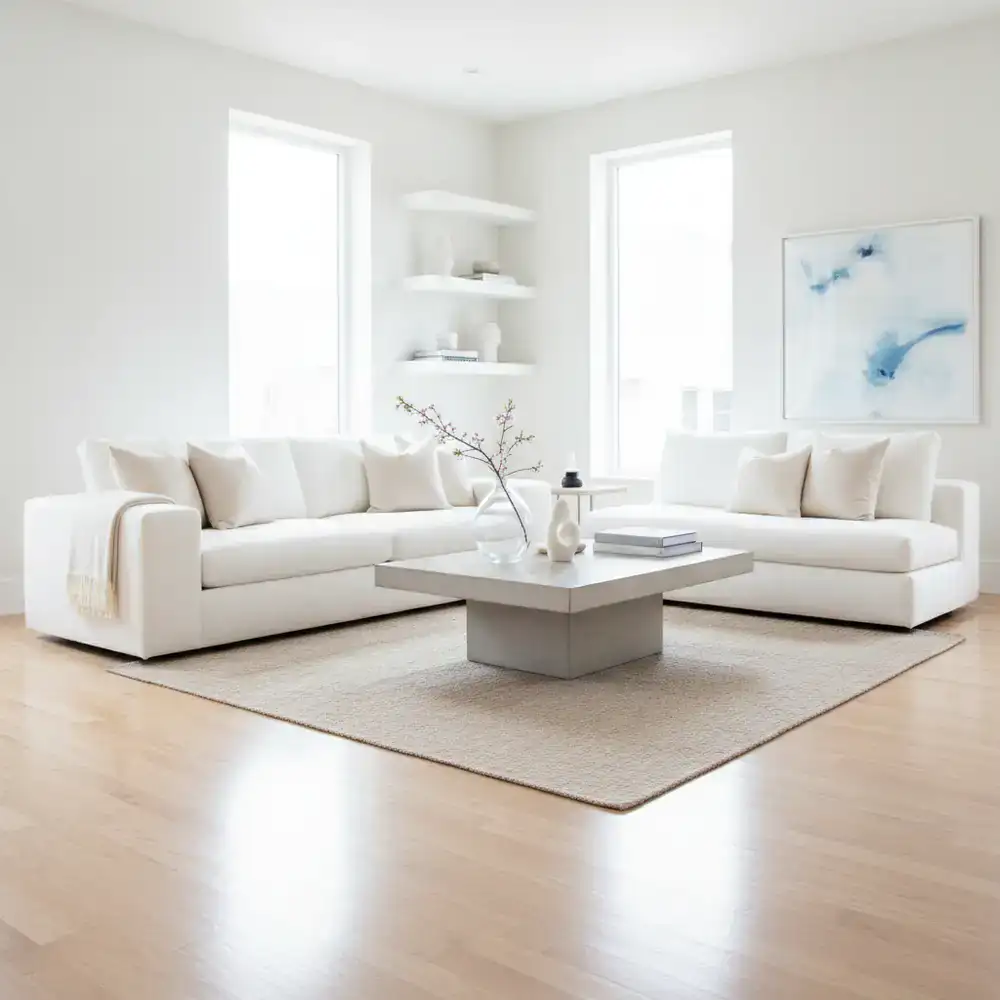A perfectly clean, bright living room demonstrating professional detailing standards
