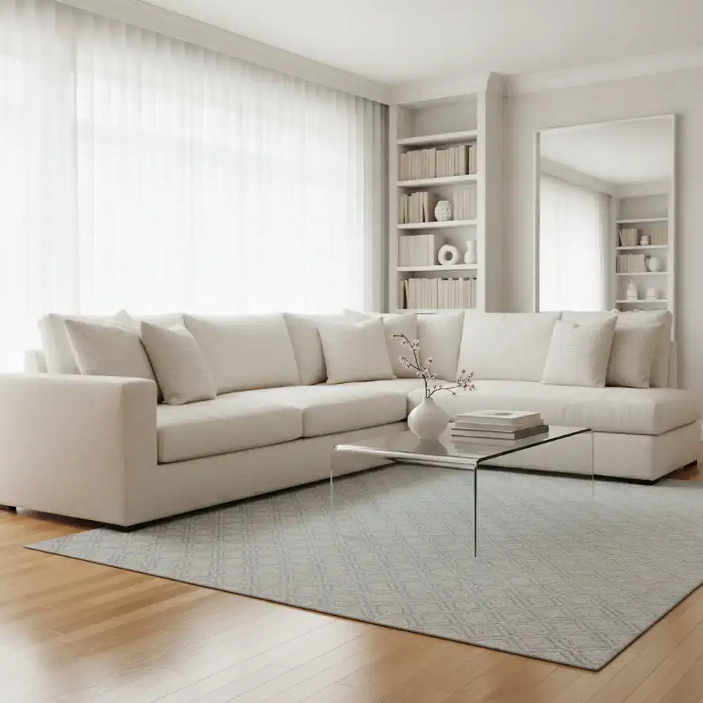 A beautifully organized and spotless living room displaying expert cleaning results