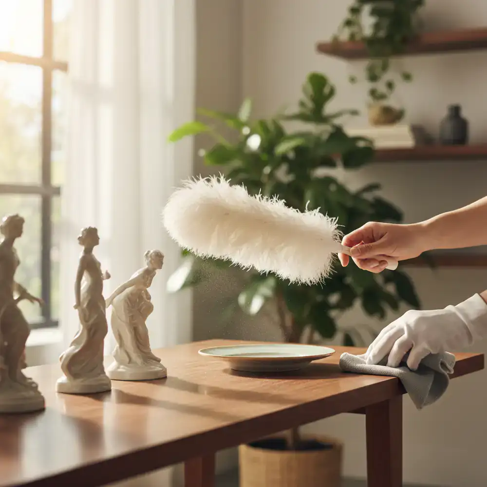 Close-up of careful dusting and surface care