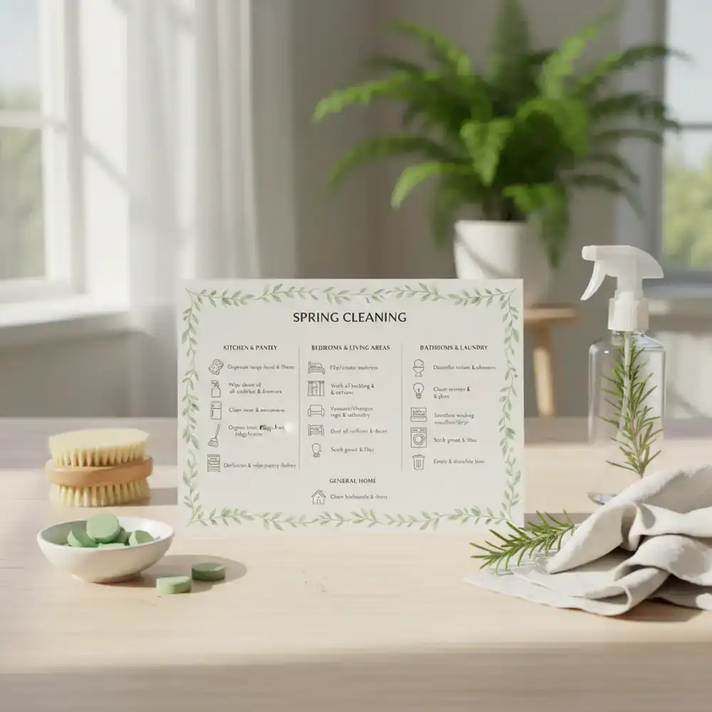 Comprehensive spring cleaning checklist items laid out neatly