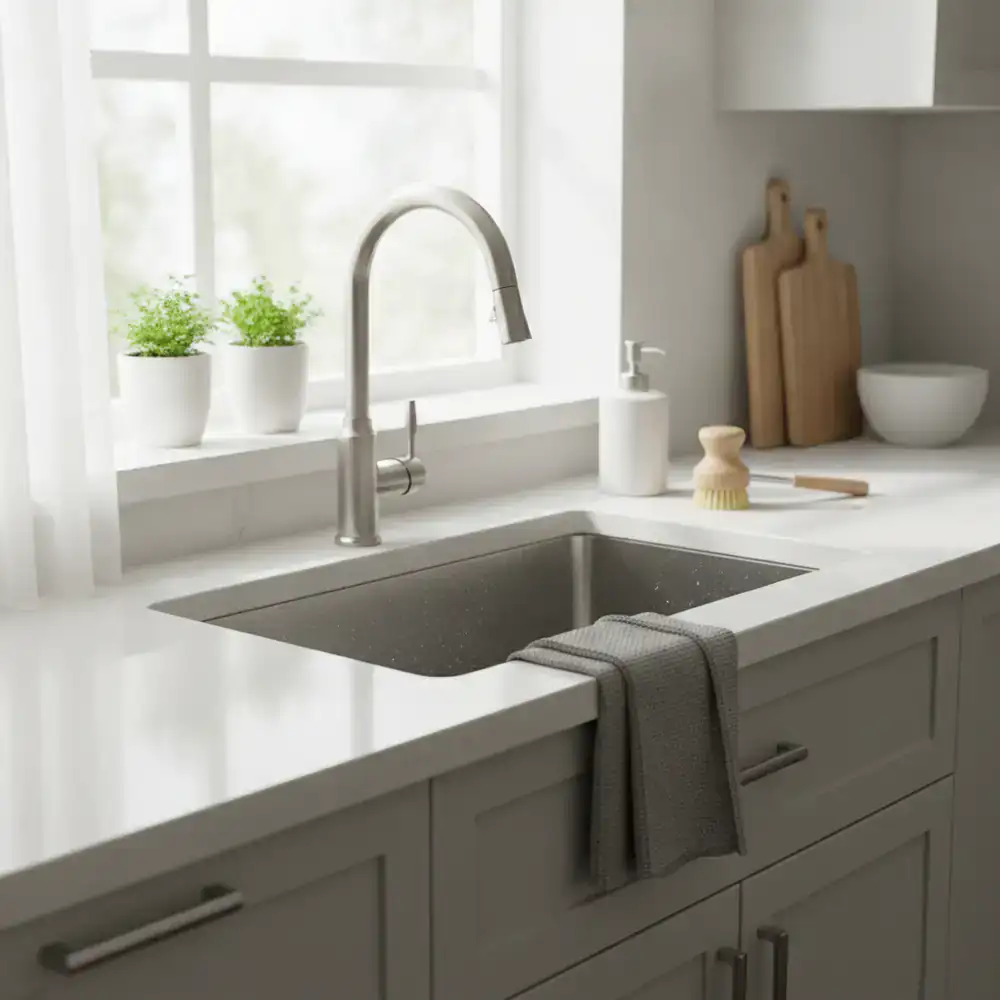 A sparkling clean kitchen sink and countertop