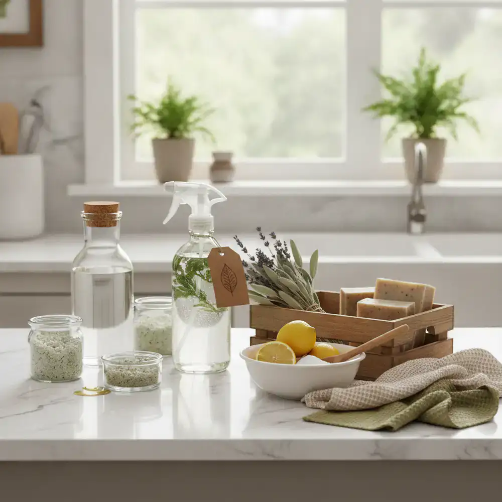 Various natural cleaning supplies on a kitchen counter