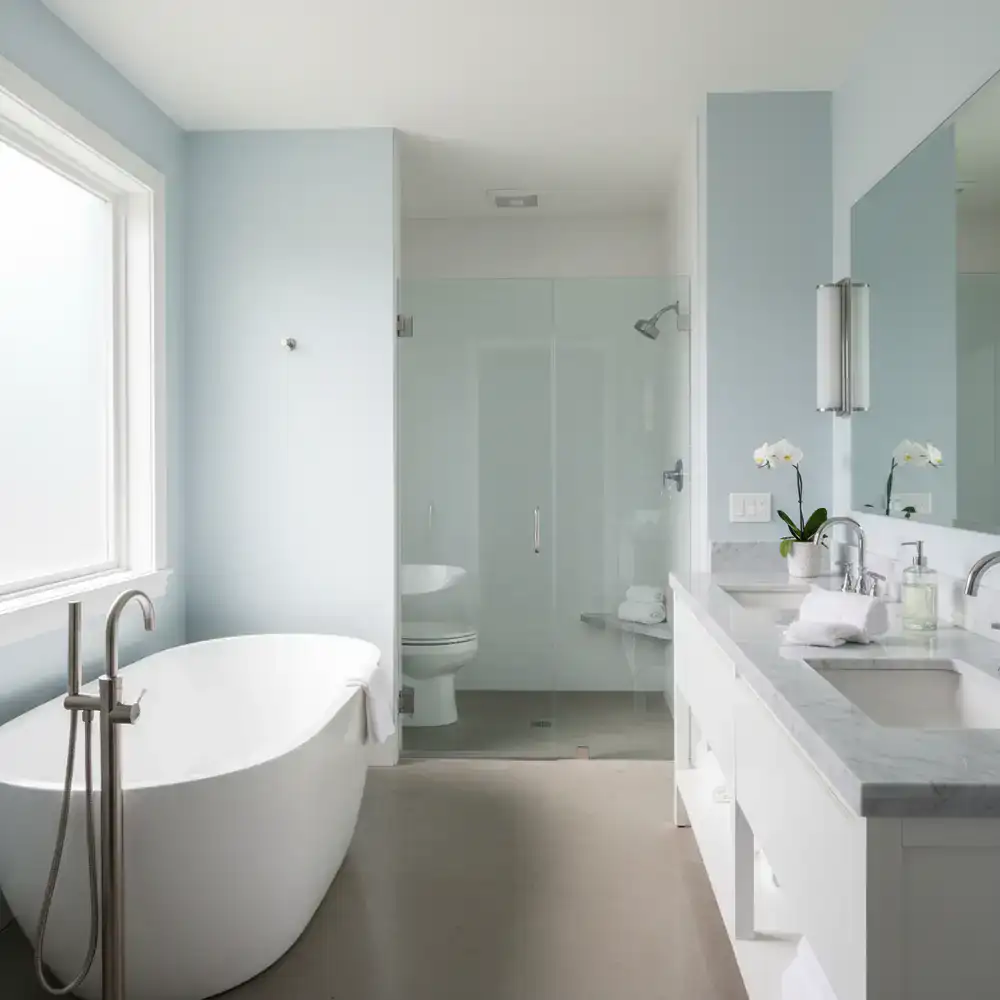 A pristine, brilliantly clean bathroom showing the results of professional household tips