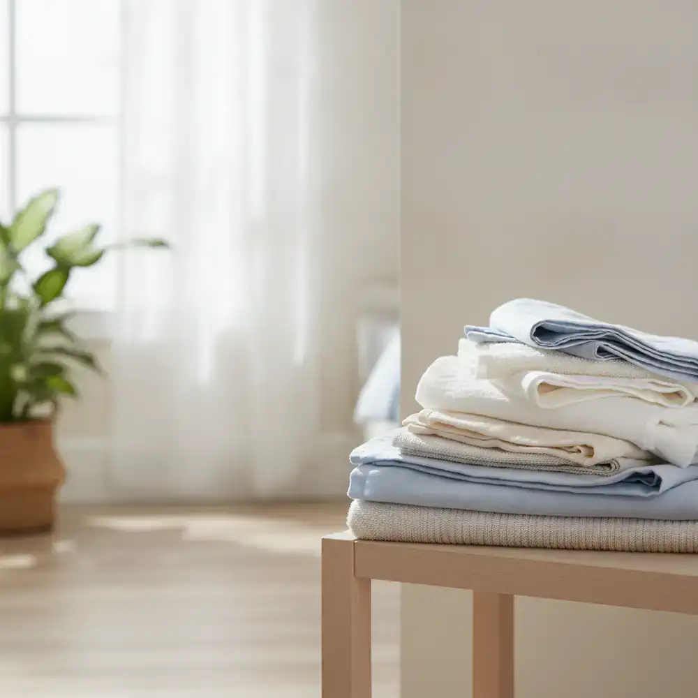 Neatly folded fresh laundry stacked in a bright, clean room