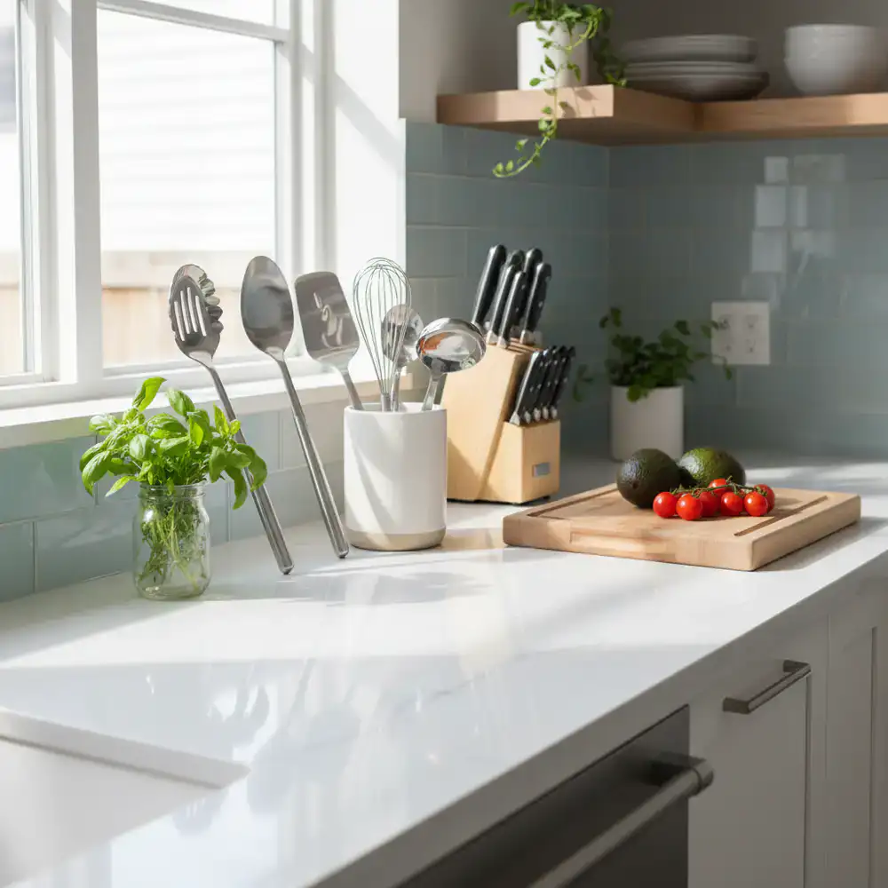 Sparkling clean kitchen counter with neatly organized utensils