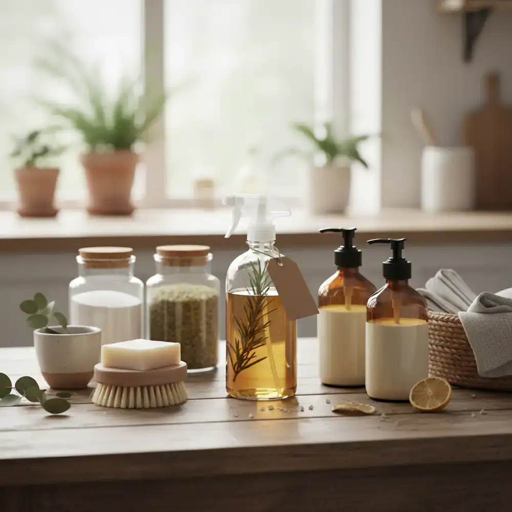 Eco-friendly natural cleaning products lined up on a wooden table