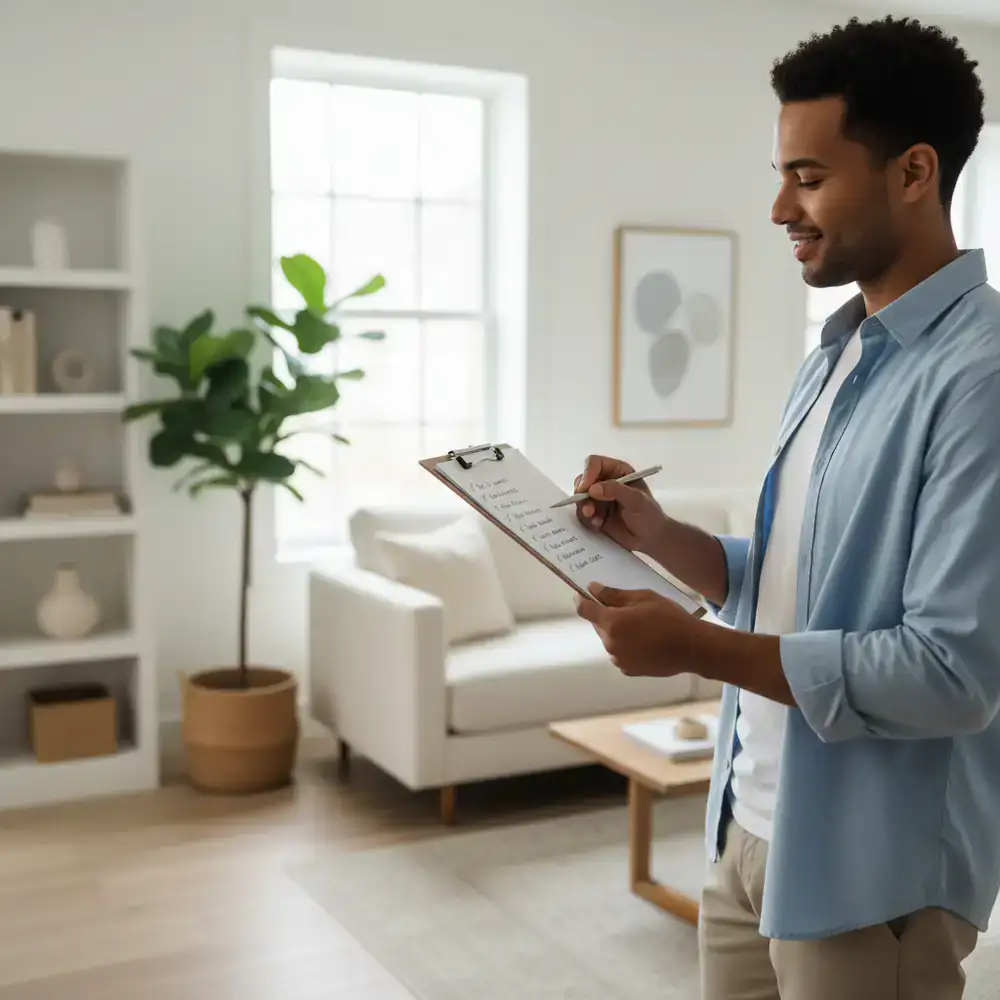 Person checking off a seasonal deep cleaning checklist in a bright, tidy home